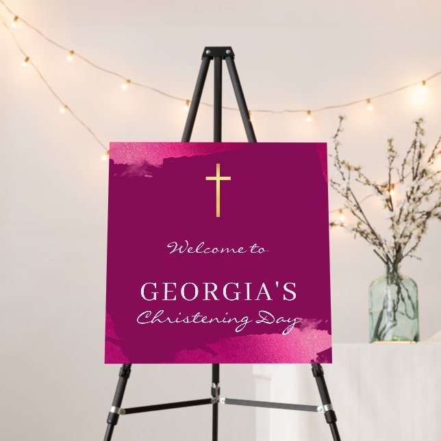 MODERN CHRISTENING gold foil cross dark pink Foam Board (In Situ (Stand))
