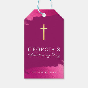 MODERN CHRISTENING gold foil cross dark pink Invit Gift Tags