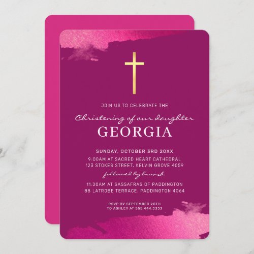MODERN CHRISTENING gold foil cross dark pink Invitation