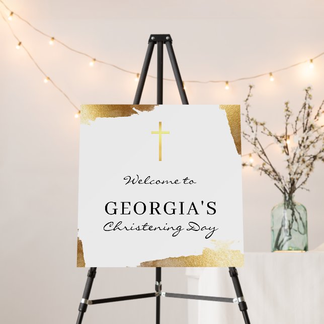 MODERN CHRISTENING gold foil cross welcome sign (In Situ (Stand))