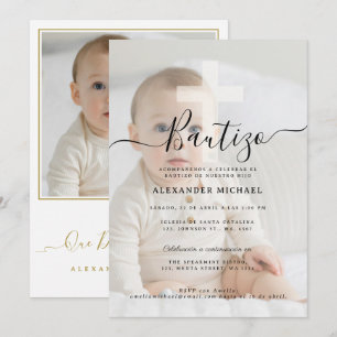 Modern Christian Baptism Bautizo Photo Gold Cross Invitation