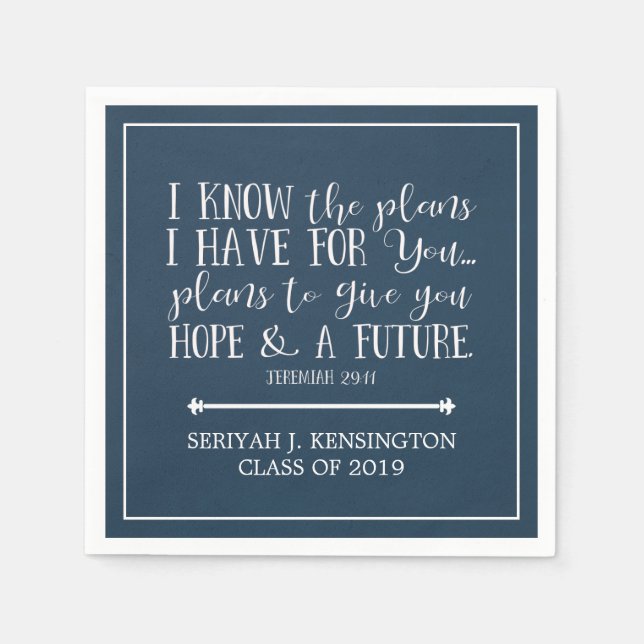 Modern Christian Bible Verse Blue Graduation Napkins (Front)