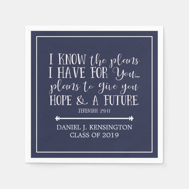 Modern Christian Bible Verse Blue Graduation Napkins (Front)