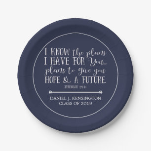 Modern Christian Bible Verse Blue Graduation Paper Plates