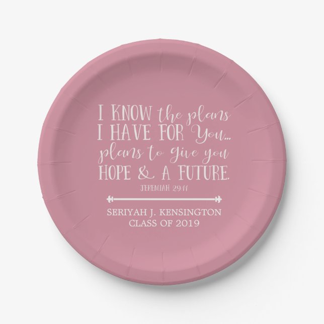 Modern Christian Bible Verse Blush Pink Graduation Paper Plates (Front)