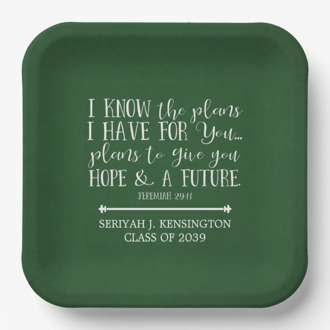 Modern Christian Bible Verse Green Graduation Paper Plates (Front)