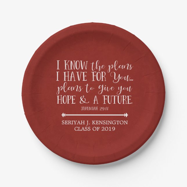 Modern Christian Bible Verse Rustic Red Graduation Paper Plates (Front)