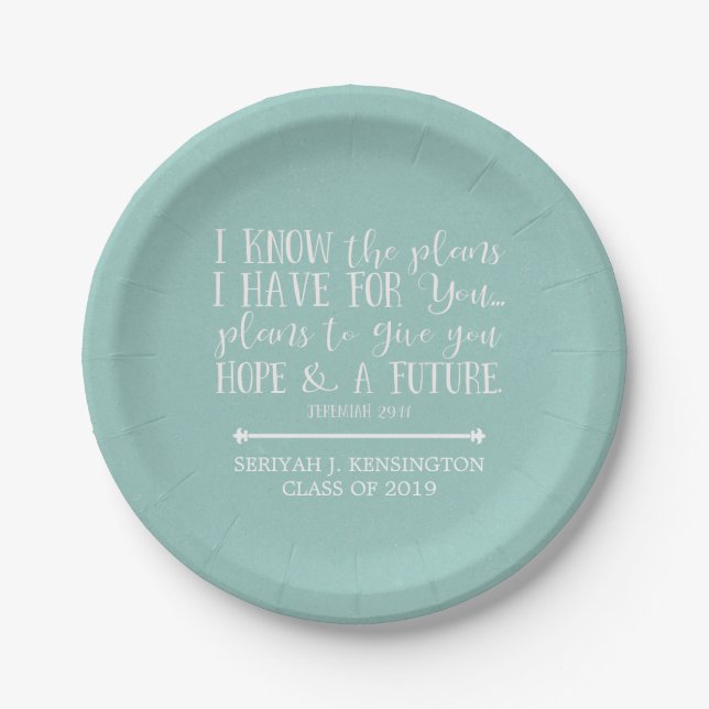 Modern Christian Bible Verse Teal Aqua Graduation Paper Plates (Front)