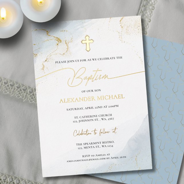 Modern Christian Blue Gold Cross Boy Baptism Foil Invitation (Creator Uploaded)