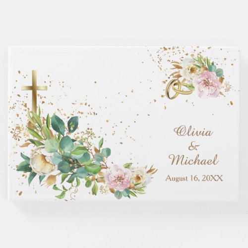 Modern Christian Cross and Rings Floral Wedding Guest Book