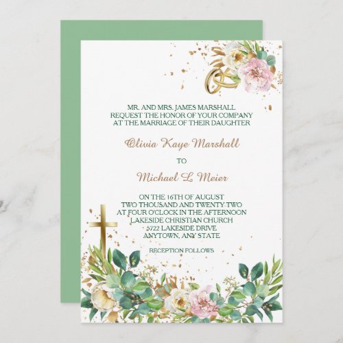 Modern Christian Cross and Rings Floral Wedding Invitation