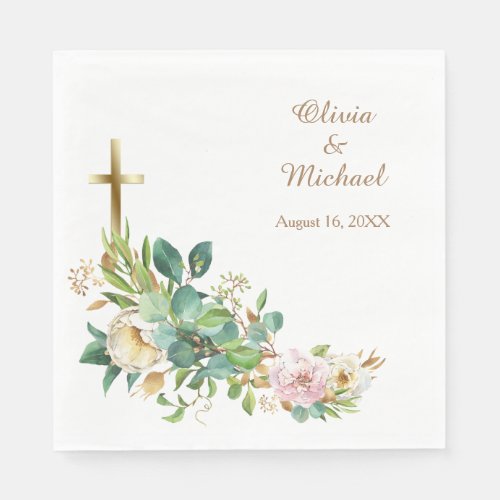 Modern Christian Cross Floral Wedding Napkins