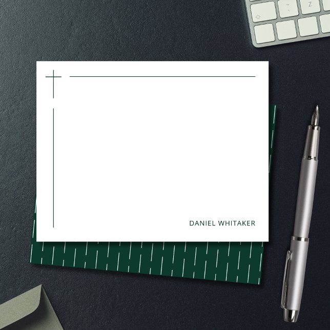 Modern Christian Cross Monogrammed Minimal Green Note Card (Personalized for ministry or everyday use.)