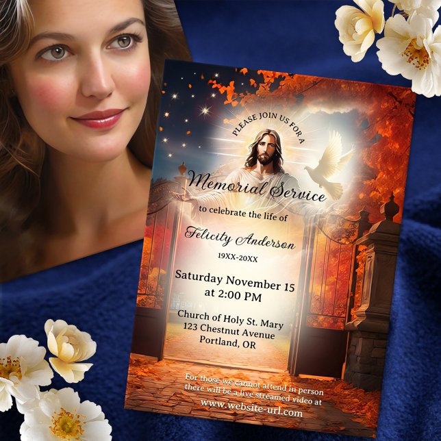 Modern Christian Funeral Memorial Service Invitation (Memorial, funeral service or celebration of life invitation featuring Christ at heaven's gate)