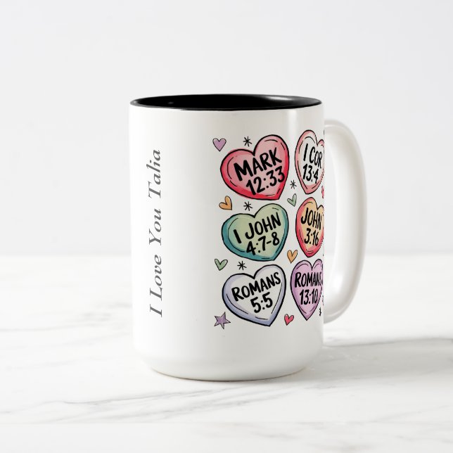 Modern Christian Heart Valentines Bible Verses  Two-Tone Coffee Mug (Front Right)