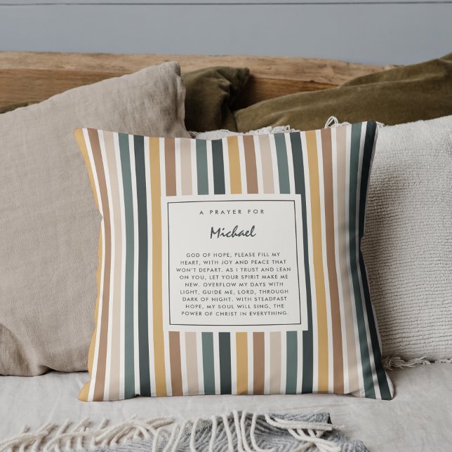 Modern Christian Keepsake Scripture Fall Stripes Throw Pillow (Editable prayer keepsake in warm, modern fall colors.)