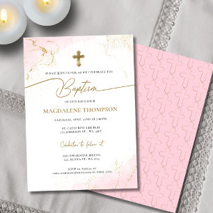 Modern Christian Pink Gold Cross Girl Baptism Invitation