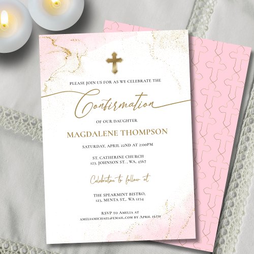 Modern Christian Pink Gold Cross Girl Confirmation