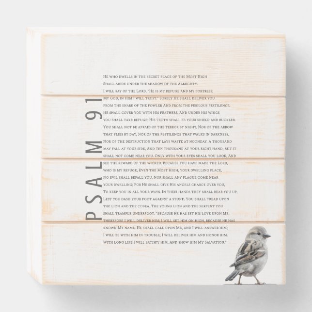 Modern Christian Psalm 91 Cute Little Bird  Wooden Box Sign (Front Horizontal)