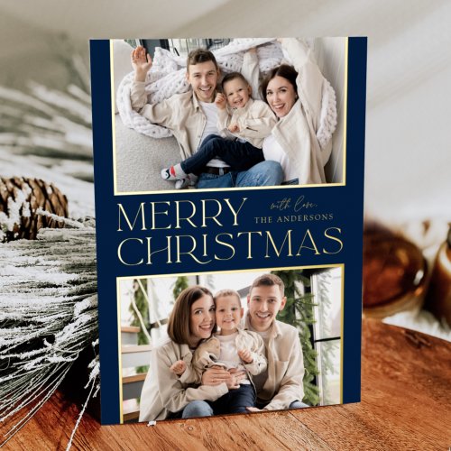 Modern Christmas 2 Photo Navy and Gold Foil Holiday Card