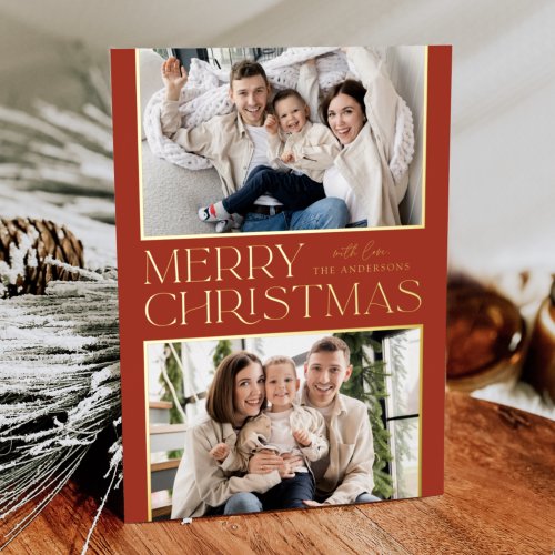 Modern Christmas 2 Photo Rust and Gold Foil Holiday Card