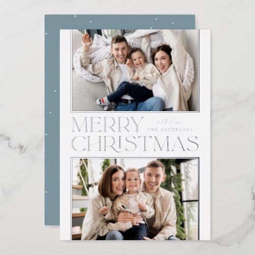 Modern Christmas 2 Photo Silver Foil Holiday Card