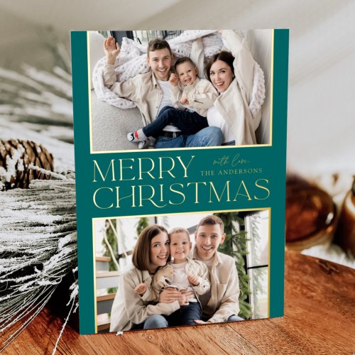 Modern Christmas 2 Photo Teal and Gold Foil Holiday Card