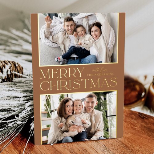 Modern Christmas 2 Photo Toffee and Gold Foil Holiday Card