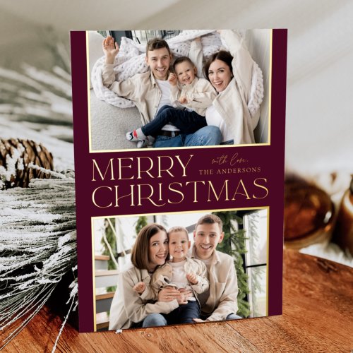 Modern Christmas 2 Photo Wine and Gold Foil Holiday Card