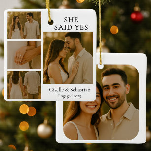 Modern Christmas 4 Photo Engagement Collage Ceramic Ornament