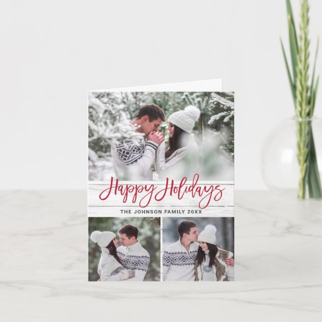 Modern Christmas 4 PHOTO Rustic Wood Greeting Holiday Card (Front)