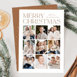 Modern Christmas 9 Photo Collage Holiday Card<br><div class="desc">Modern Christmas photo card featuring "Merry Christmas" displayed at the top of the design in trendy toffee-brown lettering with a white background. A photo collage of 9 photos is shown below in a grid-style layout. Personalize the multi-photo Christmas card with your family name. The card reverses to display a toffee-brown...</div>