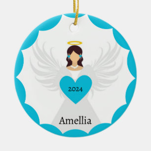 Modern Christmas Angel Blue Heart Custom Year Name Ceramic Ornament