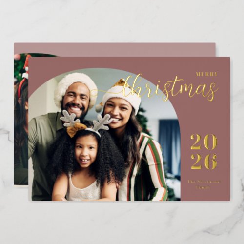 Modern Christmas arch 2 photo minimalist taupe Foil Holiday Card