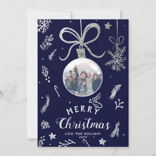 Modern Christmas ball photo silver illustration Holiday Card