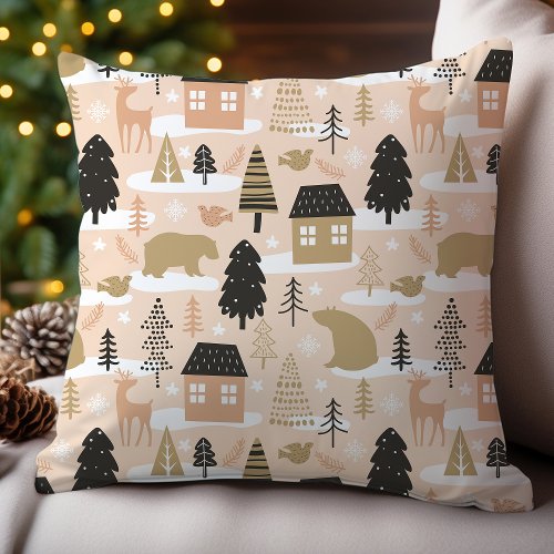 Modern Christmas Bear Village Throw Pillow