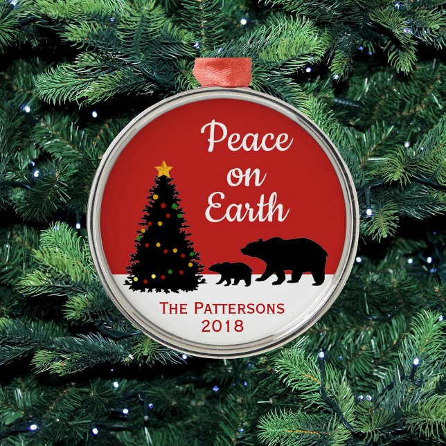 Modern Christmas Bears Peace On Earth Metal Ornament (Creator Uploaded)