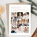 Modern Christmas Beige 9 Photo Collage Holiday Card<br><div class="desc">Modern Christmas photo card featuring "Merry Christmas" displayed at the top of the design in trendy beige lettering with a white background. A photo collage of 9 photos is shown below in a grid-style layout. Personalize the multi-photo Christmas card with your family name. The card reverses to display a beige...</div>