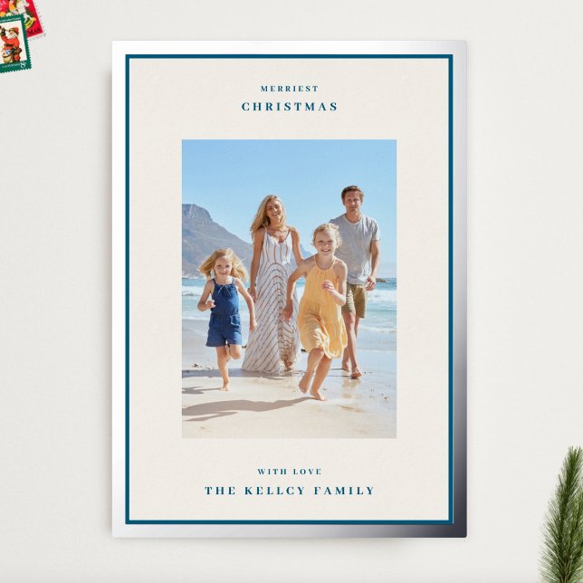 Modern Christmas Beige & Blue Photo Frame Silver Foil Holiday Card (Creator Uploaded)