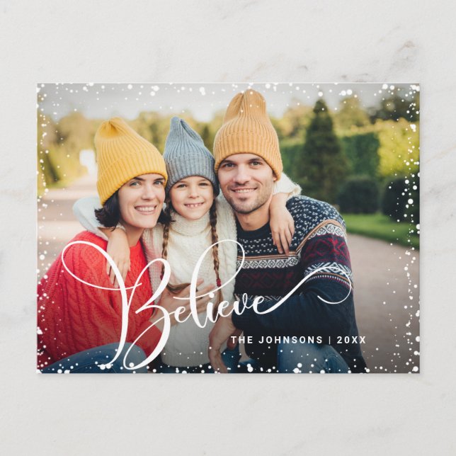 Modern Christmas Believe PHOTO Greeting Holiday Postcard (Front)