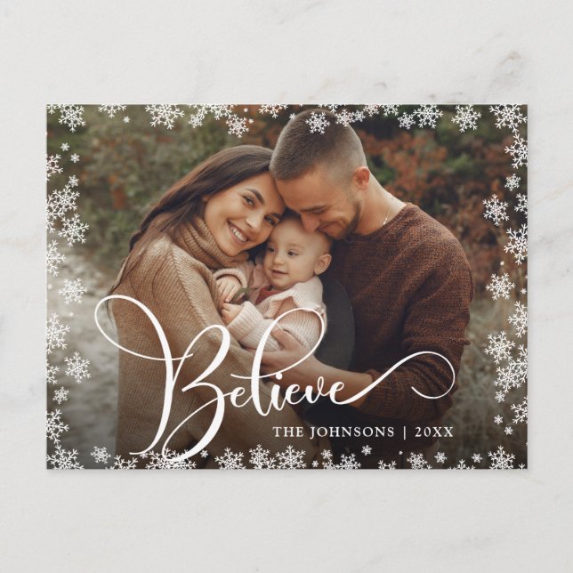 Modern Christmas Believe PHOTO Greeting Holiday Postcard (Front)