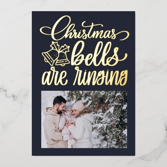Modern Christmas Bells are Ringing Photo Foil  Holiday Card (Front)