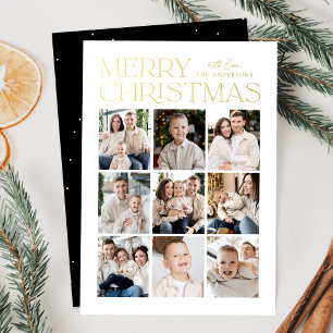 Modern Christmas Black 9 Photo Collage Foil Holiday Card