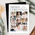 Modern Christmas Black and White 9 Photo Collage Holiday Card<br><div class="desc">Modern Christmas photo card featuring "Merry Christmas" displayed at the top of the design in trendy black lettering with a white background. A photo collage of 9 photos is shown below in a grid-style layout. Personalize the multi-photo Christmas card with your family name. The card reverses to display a black...</div>