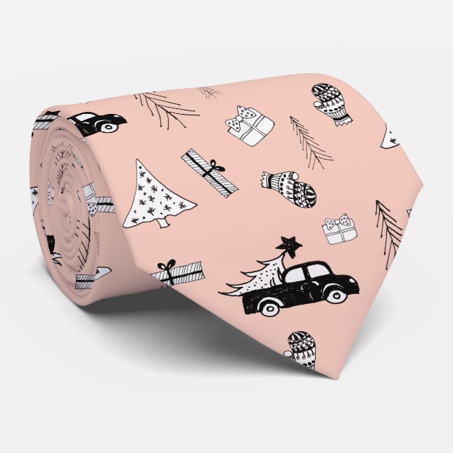 Modern Christmas Black and White Pattern on Pink Neck Tie (Rolled)