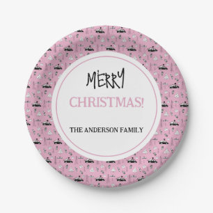 Modern Christmas Black and White Pattern on Pink Paper Plates