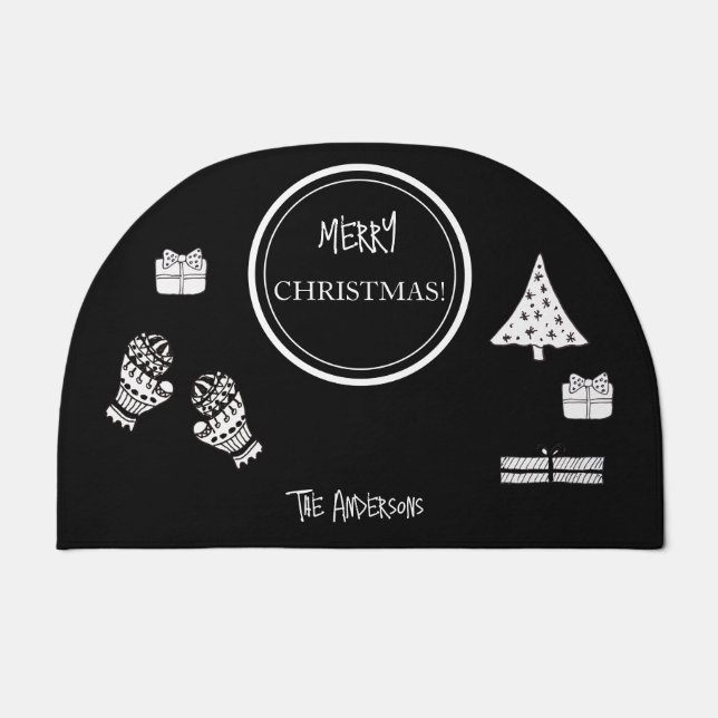 Modern Christmas Black and White Personalized Doormat (Front)