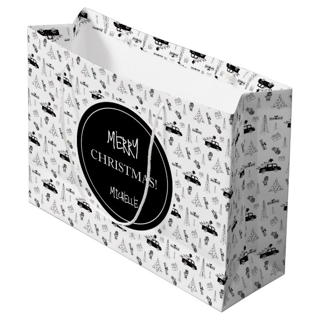 Modern Christmas Black and White Personalized Large Gift Bag (Front Angled)