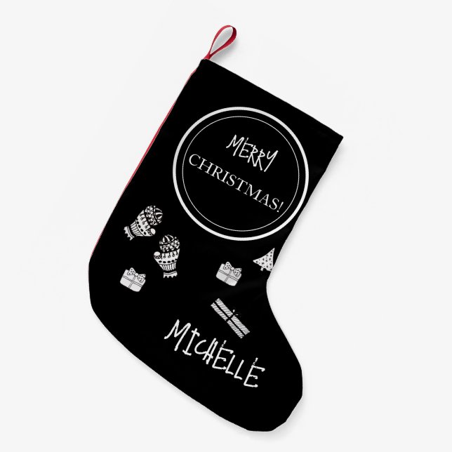 Modern Christmas Black and White Personalized Small Christmas Stocking (Front (Hanging))