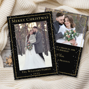 Modern Christmas Black Gold Snowfall 2 Photo Holiday Card